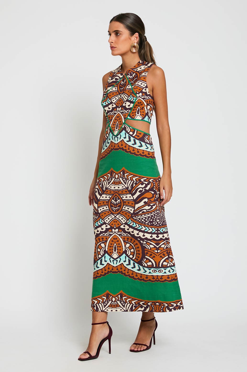 VESTIDO RÚSTICO ESTAMPADO ÉTNICO CON TOP FORMA ROMBO Y LAZADA ESPALDA 2 VESTIDO RÚSTICO ESTAMPADO ÉTNICO CON TOP FORMA ROMBO Y LAZADA ESPALDA