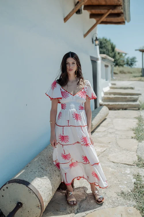 VESTIDO LARGO ESCOTE PICO CON ESTAMPADO PALMERAS Y ESPALDA DESCUBIERTA
