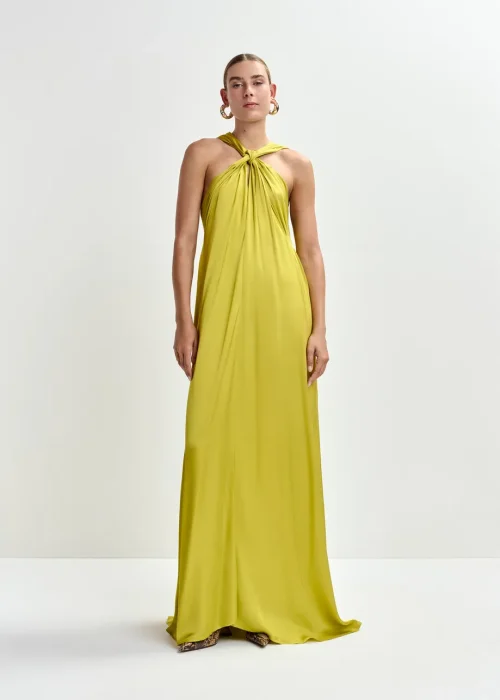 VESTIDO LARGO ESCOTE HALTER DE CORTE EVASÉ CON TIRANTES CRUZADOS