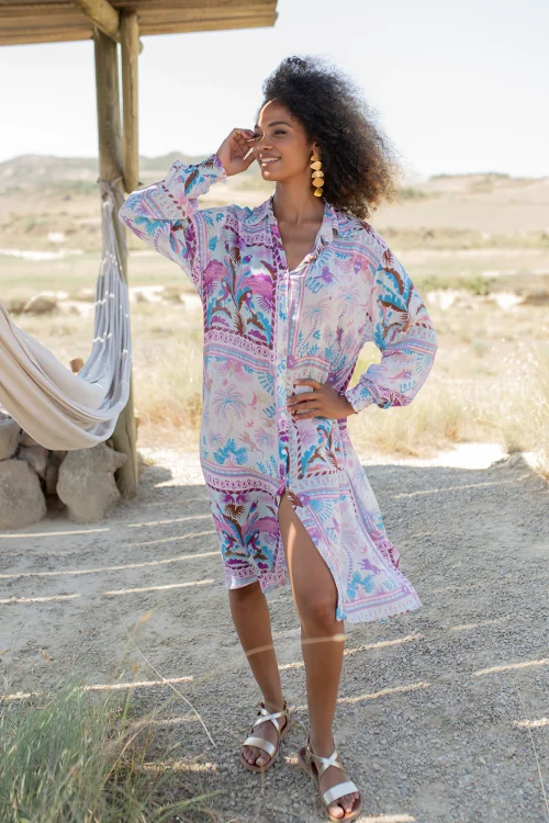 Home 9 VESTIDO MIDI CAMISERO EN ESTAMPADO LILA Y ACQUA