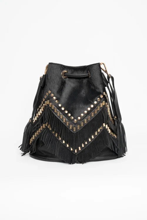 BOLSO BUCKET CON PIEL EFECTO PELO Y FLECOS