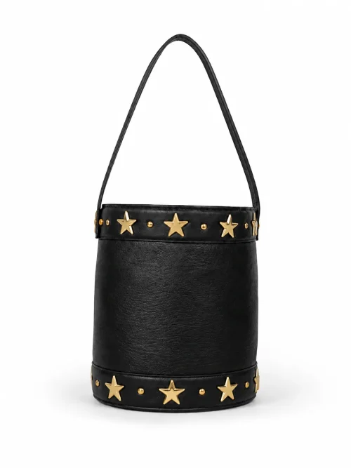 BUCKET PIEL NEGRO CON DETALLES DORADAS ESTRELLAS Y TACHAS