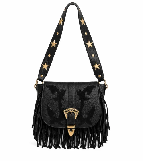 BOLSO BANDOLERA DE PIEL NEGRA CON DETALLES SUPERPUESTOS Y TACHAS DORADAS