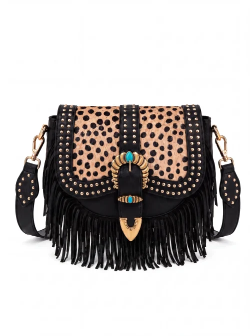 BOLSO BANDOLERA PIEL CON SOLAPA PELO ANIMAL PRINT CAMEL/NEGRO
