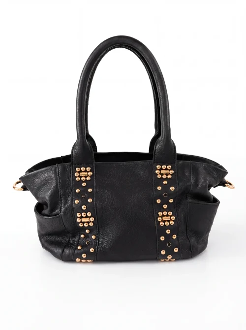 SHOPPER BAG DE PIEL NEGRO CON ASA FIJA Y DETALLES TACHAS DORADAS