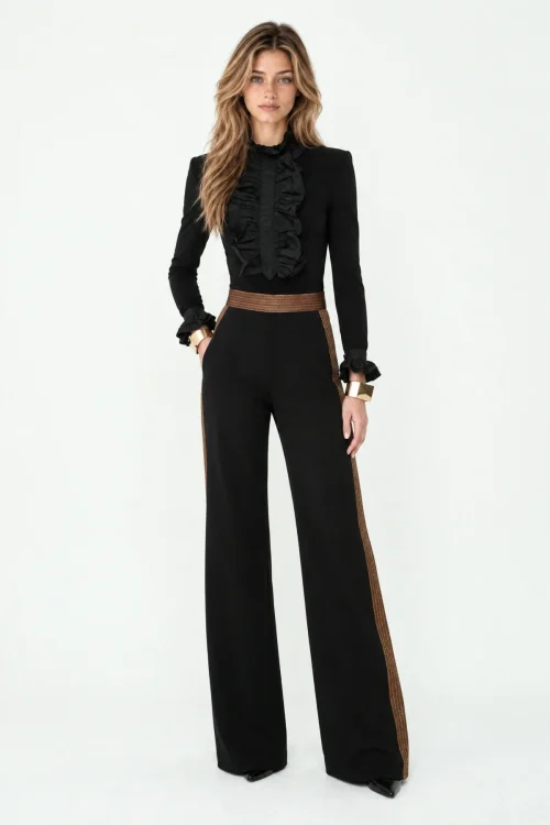 PANTALÓN RECTO BRILLO CON FRANJA LATERAL BRONCE